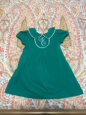 E Monogram Dress - Girls' Green Peter Pan Collar Dress with White Trim